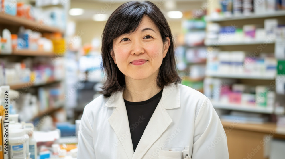 Portrait of cheerful asian female pharmacist in pharmacy, medicines and supplements on shelves in background Portrait of cheerful asian female pharmacist in pharmacy, medicines and supplements on shelves in background
