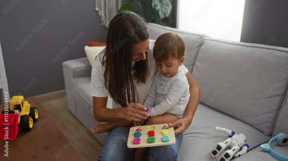 Woman playing with son in cozy living room, featuring hispanic family love and educational toys.