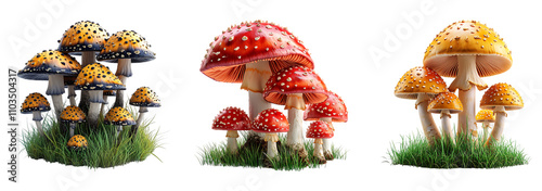 Bright and Vibrant Forest Mushrooms in Natural Grass, Transparent PNG Format for Botanical Designs