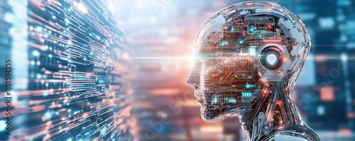 Artificial intelligence robot head profile with circuit patterns and streaming data visualization. Futuristic AI concept with machine learning and neural network elements. 8k banner