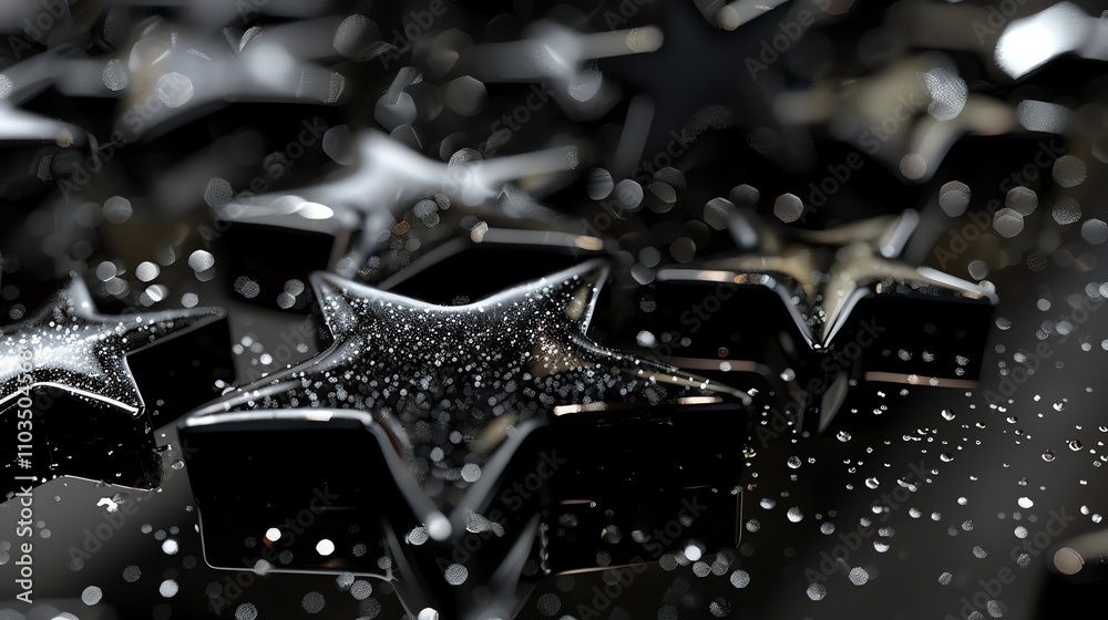 A macro shot of black shiny stars with water droplets on top of them. A macro shot of black shiny stars with water droplets on top of them.