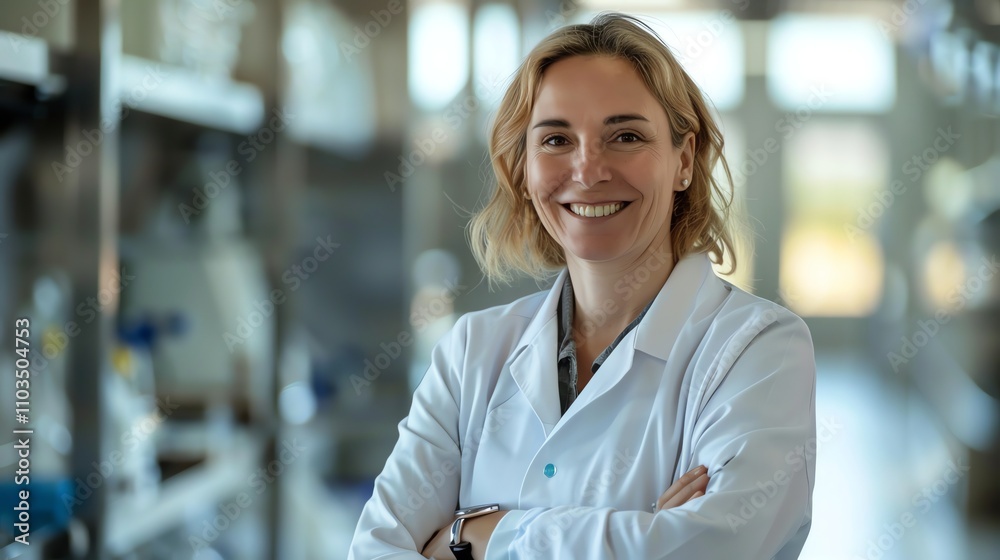 A female scientist smiling with arms crossed. A female scientist smiling with arms crossed.