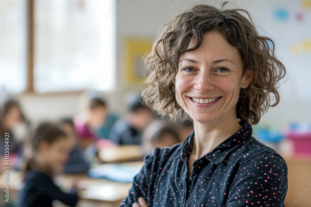 Portrait of Smiling Teacher in Classroom with Blurred Students, Tendency Toward Individuality
Portrait of Smiling Teacher in Classroom with Blurred Students, Tendency Toward Individuality