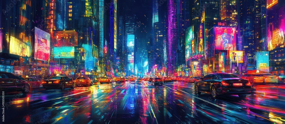 Obraz premium Showcase the urban rhythm as cars weave through a vibrant cityscape, creating a mesmerizing dance of illumination.