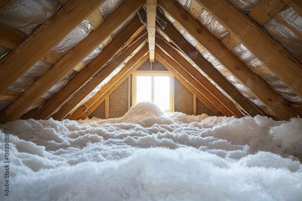 Bright Attic with Insulation and Rustic Beams Bright Attic with Insulation and Rustic Beams