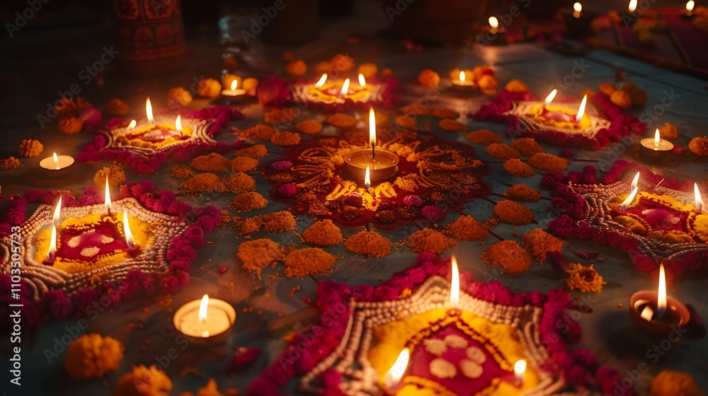A vibrant Diwali display with diyas and rangoli patterns illuminated by candlelight A vibrant Diwali display with diyas and rangoli patterns illuminated by candlelight