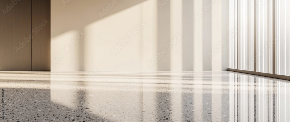 Obraz premium A modern interior space with polished terrazzo flooring, where dramatic window light creates striking linear shadows across white walls and the speckled floor surface. Generative AI.