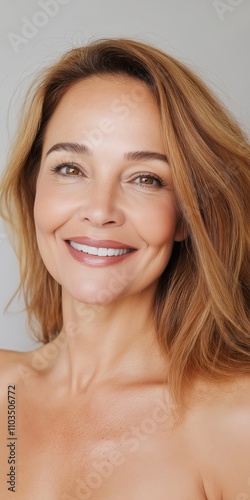 A woman with long brown hair is smiling and looking at the camera. She has a natural, glowing complexion and her hair is styled in a way that accentuates her features. Scene is happy and positive