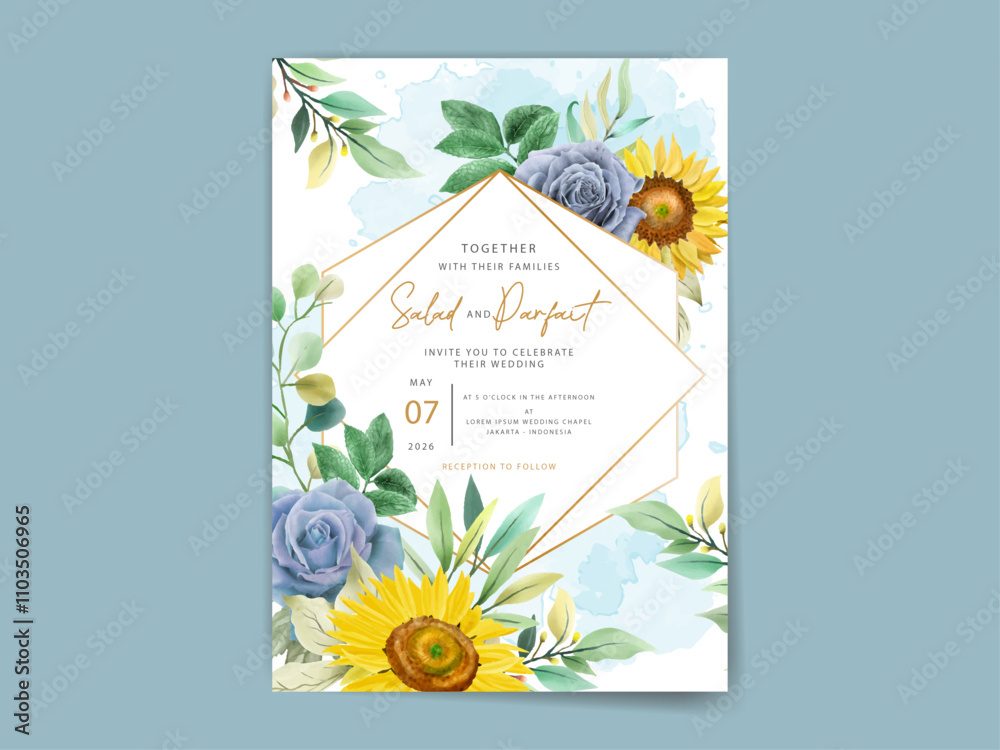 Naklejka premium watercolor wedding invitations blue and yellow flowers