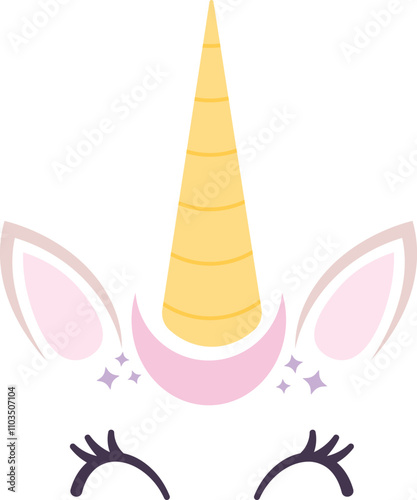 A unicorn with a yellow horn and pink eyes