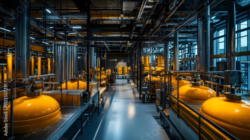 Modern Industrial Facility with Bright Orange Storage Tanks and Machinery