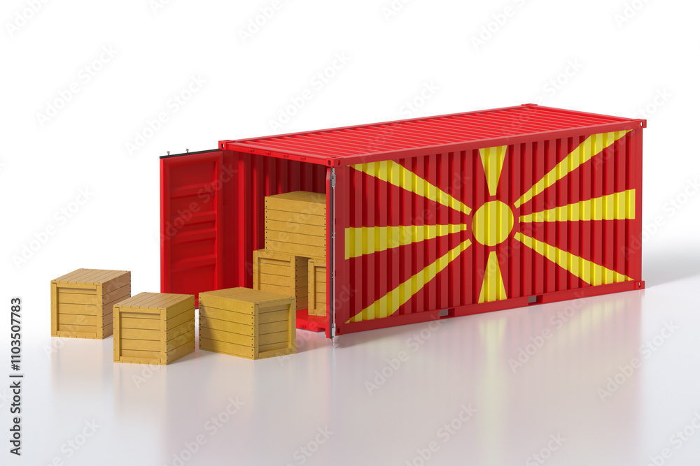 Obraz premium Cargo Container with North Macedonia Flag Being Unloaded with Wooden Crates on White Background