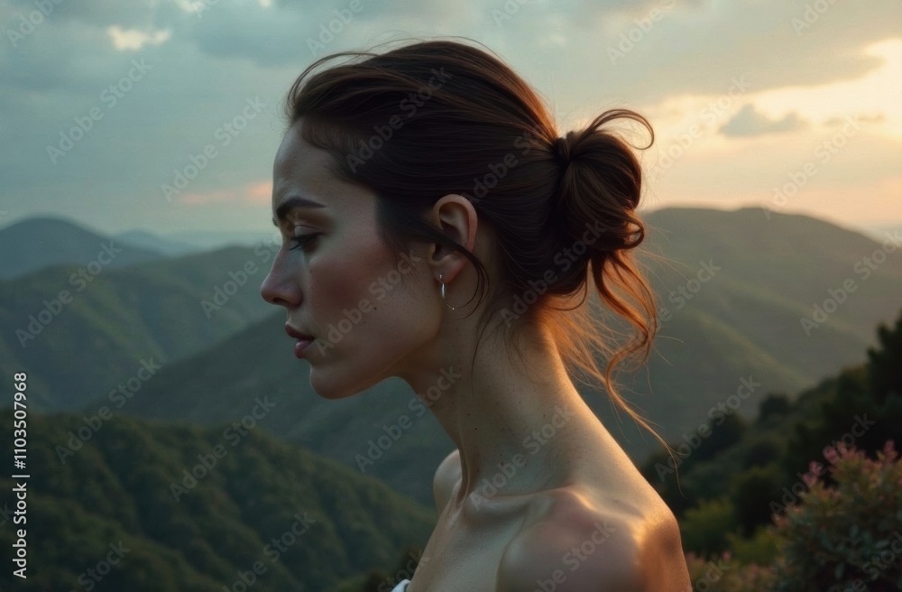 A woman gazes thoughtfully into the distance as the sun sets behind the mountains, highlighting her profile. The scene exudes calmness. Generative AI A woman gazes thoughtfully into the distance as the sun sets behind the mountains, highlighting her profile. The scene exudes calmness. Generative AI