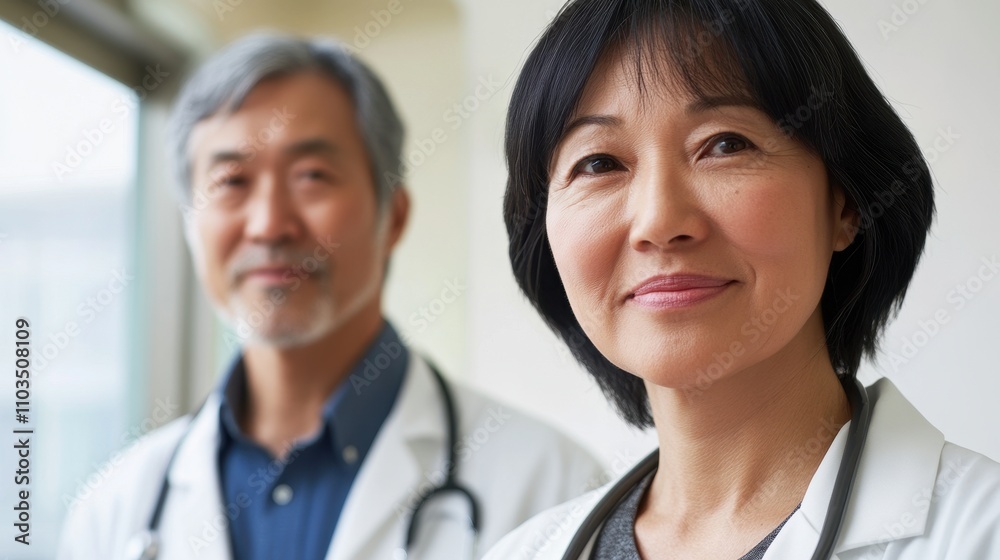 Team of middle-aged Asian doctors wearing white coats represent a well-functioning healthcare system Team of middle-aged Asian doctors wearing white coats represent a well-functioning healthcare system