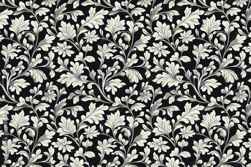 Toile pattern tapestry. Arts and crafts. Monochrome botanical pattern background. Created with Generative AI technology Toile pattern tapestry. Arts and crafts. Monochrome botanical pattern background. Created with Generative AI technology