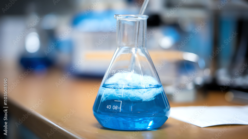 Chemistry experiment with blue liquid in a flask on a laboratory table during a practical session Chemistry experiment with blue liquid in a flask on a laboratory table during a practical session