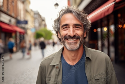 Portrait of a handsome mature man smiling at the camera on a city street