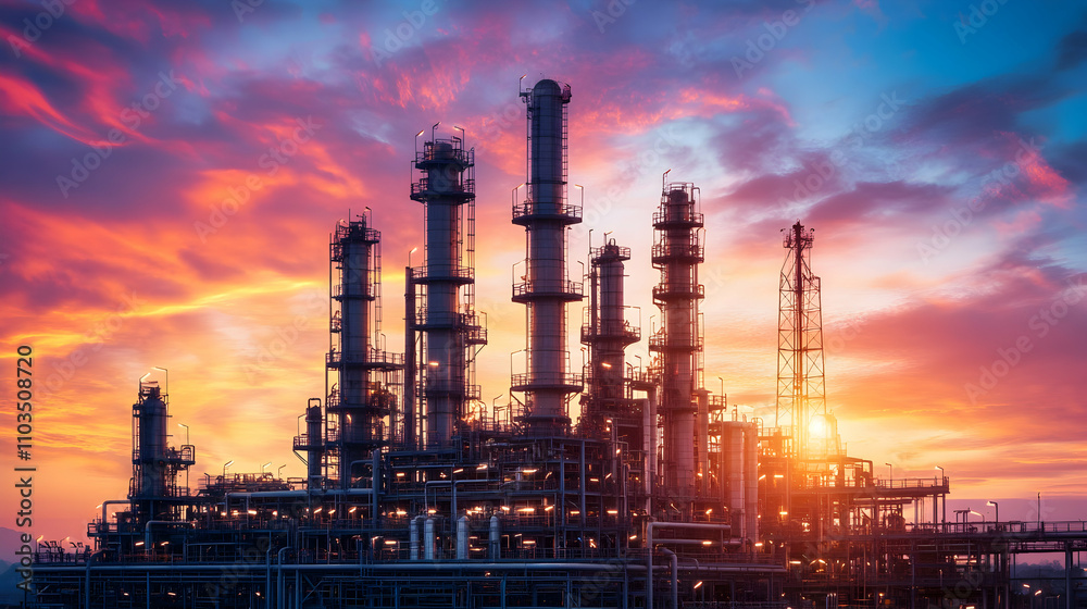 Industrial Complex at Sunset with Vibrant Sky Colors and Smoke Stacks Industrial Complex at Sunset with Vibrant Sky Colors and Smoke Stacks