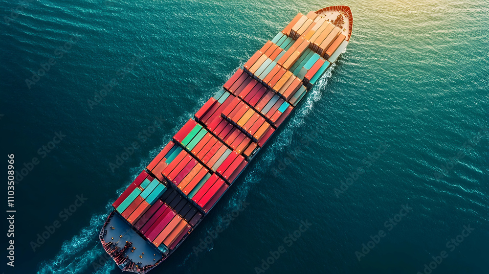Aerial View of Colorful Cargo Ship on Clear Blue Ocean Waves Aerial View of Colorful Cargo Ship on Clear Blue Ocean Waves