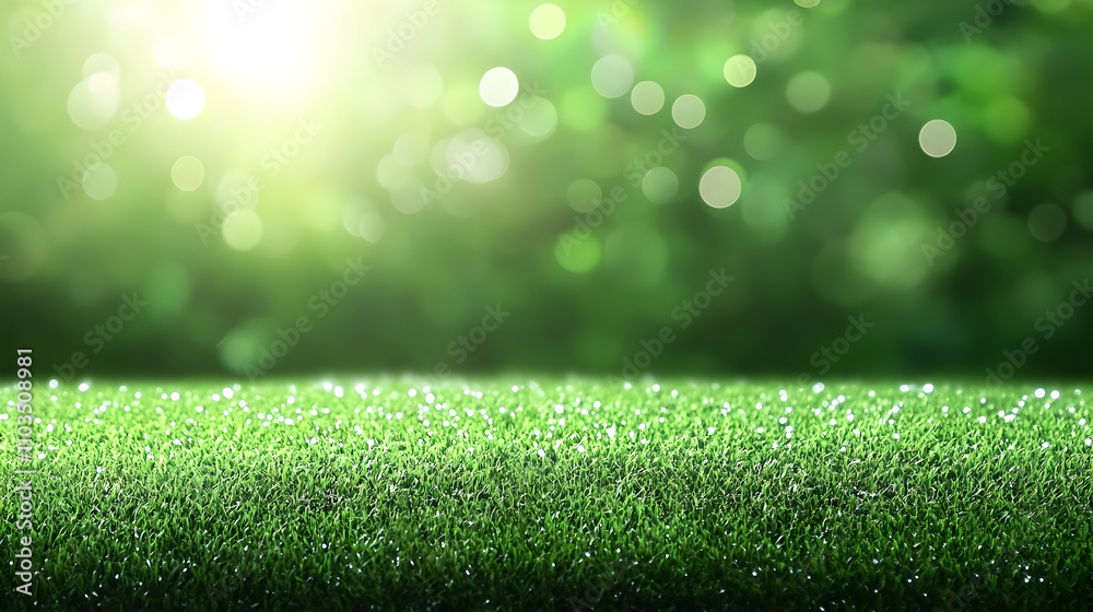 Naklejka premium Lush Green Grass with Morning Dew and Soft Sunlight Glow