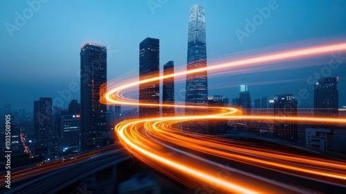 vibrant city skyline at dusk, illuminated by glowing lights and dynamic traffic trails, showcasing modern architecture and lively urban atmosphere