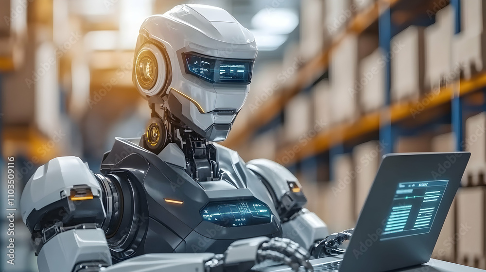Advanced Robot Working on Laptop in Modern Warehouse Environment Advanced Robot Working on Laptop in Modern Warehouse Environment