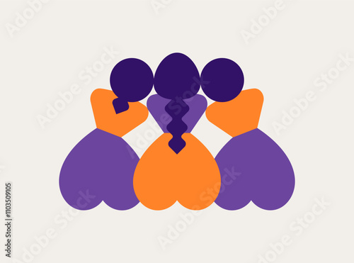 Three women sit side by side and take care of each other. Back view of female silhouettes for womens day. Sisterhood and community for girls. Vector abstract illustration