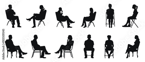 People sitting on chairs in various poses, vector illustration. Group of individuals in seated positions, symbolizing waiting, meetings or contemplation.
