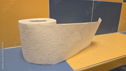 toilet paper roll in a colorful bathroom with yellow and blue tiles