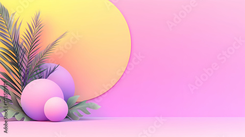 Abstract pastel design with geometric shapes and tropical leaves