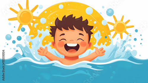 Happy child enjoying summer fun in the water with sun overhead