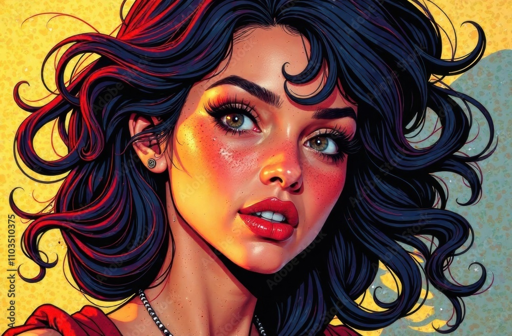 Obraz premium A young woman with expressive eyes and full lips poses against a bright background, showcasing her dynamic hairstyle and unique style. Generative AI