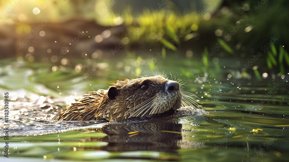 Nutria swimming in a city river during summertime.