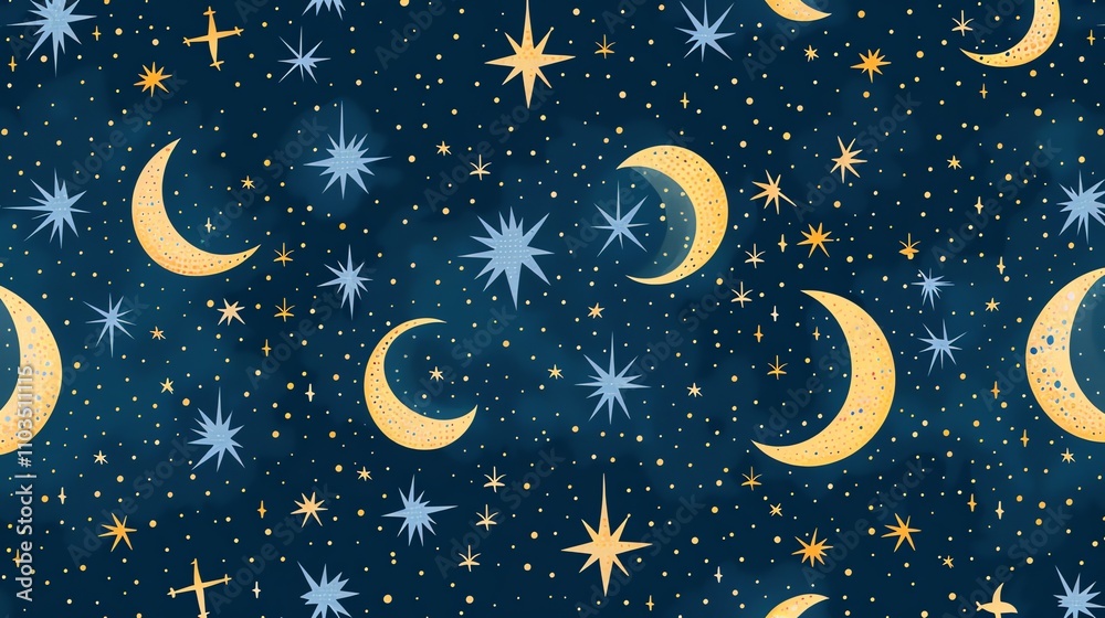 Fototapeta premium Seamless pattern with moons and stars on a dark blue background.