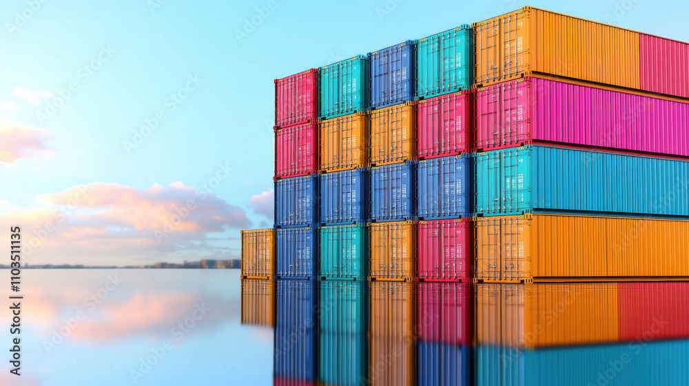 Fototapeta premium Colorful cargo containers stacked by water, reflecting vibrant scene