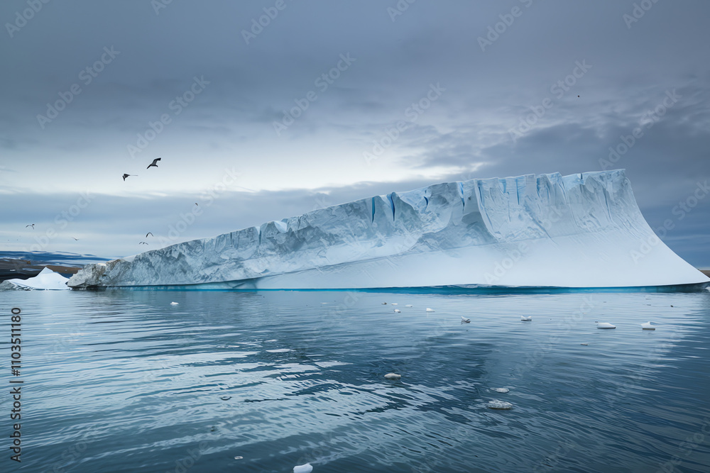 Fototapeta premium Iceberg calving in calm waters of a remote Arctic region under a moody sky