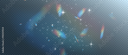 Png light of Rainbow and white dust. Png Bokeh light effect. Christmas glowing dust. Rainbow flickering glow with confetti light and crystal flare. Pure arbord, vector illustration and png all in one.