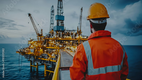 Worker Overlooking Offshore Oil Rig at Dusk with Dramatic Sky