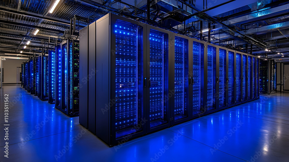 Data Center with Blue LED Lights and Server Racks in Modern Facility Data Center with Blue LED Lights and Server Racks in Modern Facility