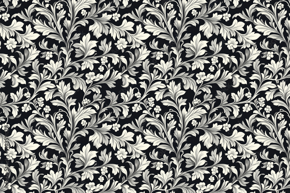 Toile pattern tapestry. Arts and crafts. Monochrome botanical pattern background. Created with Generative AI technology Toile pattern tapestry. Arts and crafts. Monochrome botanical pattern background. Created with Generative AI technology