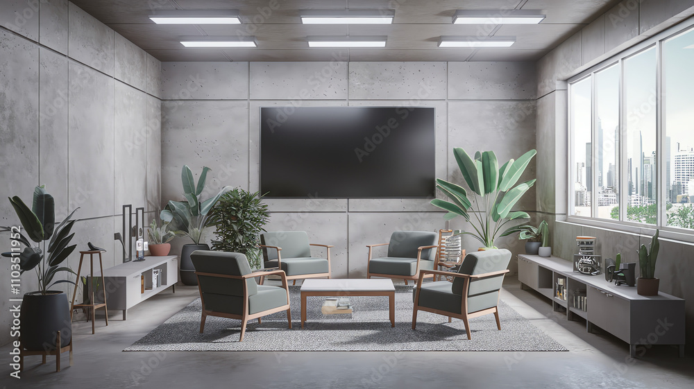 Modern office lounge with plants and natural light creating a relaxing atmosphere in a city environment Modern office lounge with plants and natural light creating a relaxing atmosphere in a city environment