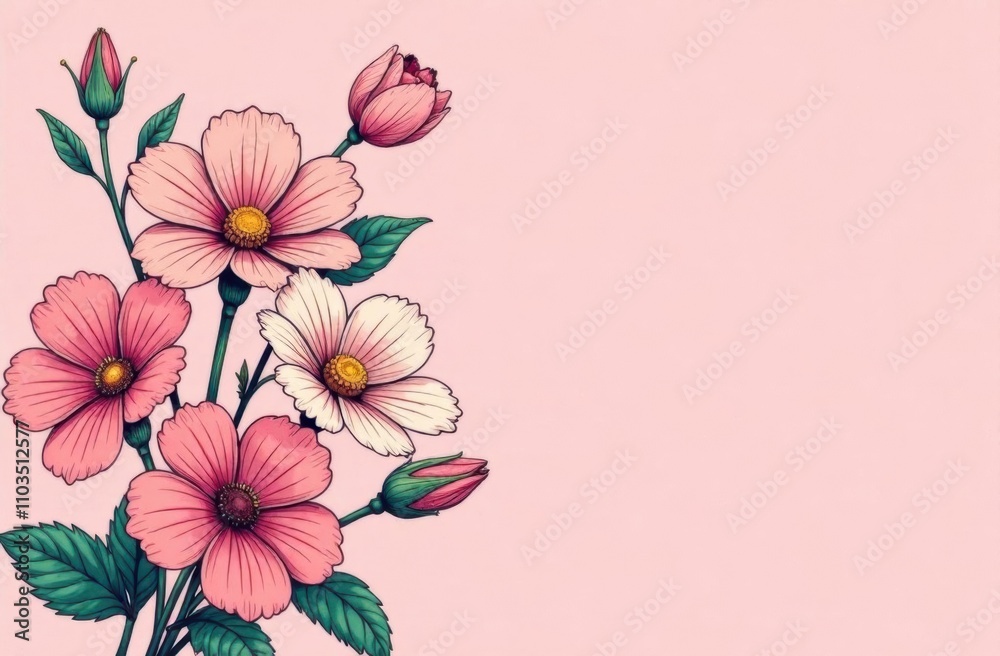 Delicate pink flowers with intricate petals flourish against a smooth pastel backdrop, showcasing nature's elegance and beauty. Generative AI Delicate pink flowers with intricate petals flourish against a smooth pastel backdrop, showcasing nature's elegance and beauty. Generative AI