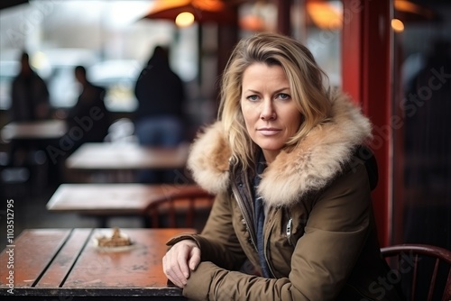 Beautiful woman sitting at a table in an outdoor cafe, looking at the camera.