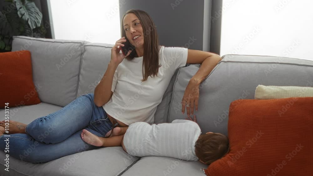 Woman relaxing on couch, talking on phone, while baby sleeps beside her in cozy living room, showcasing family bond and peaceful home atmosphere with plants.
