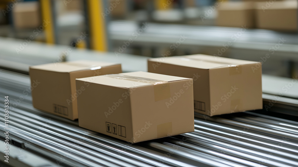 Brown Boxes on Conveyor Belt in Warehouse Packing and Shipping Area