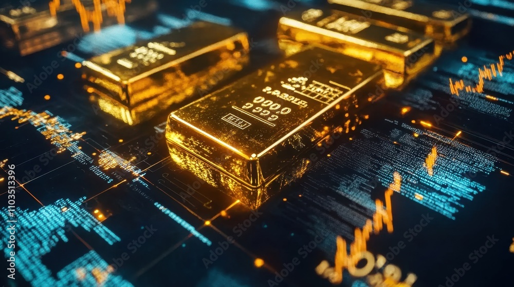 A futuristic holographic gold market showing global trends, with a focus on glowing gold bars. A futuristic holographic gold market showing global trends, with a focus on glowing gold bars.