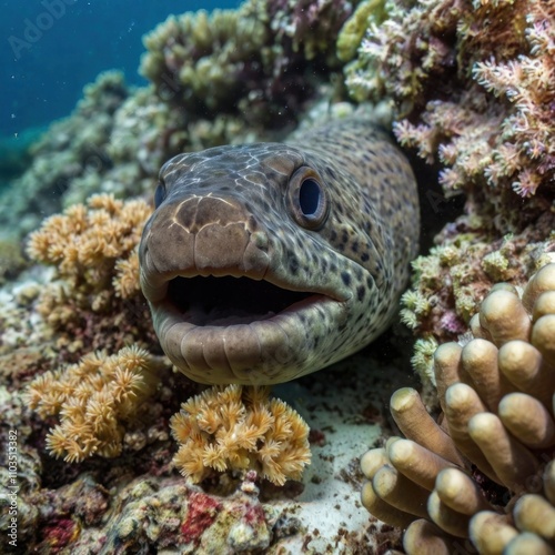  Moray eel peeking from coral reef.