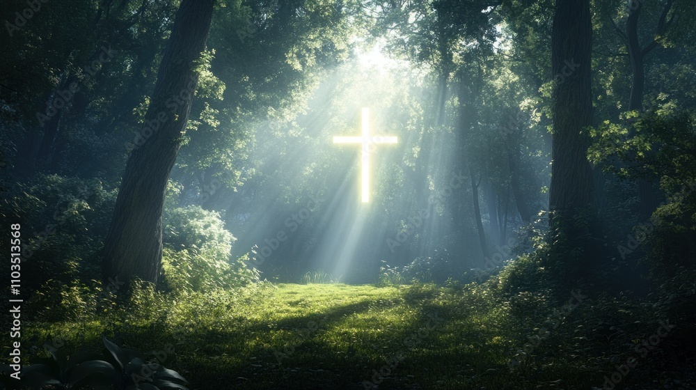 A serene forest glade with a glowing cross-shaped light breaking through the canopy A serene forest glade with a glowing cross-shaped light breaking through the canopy