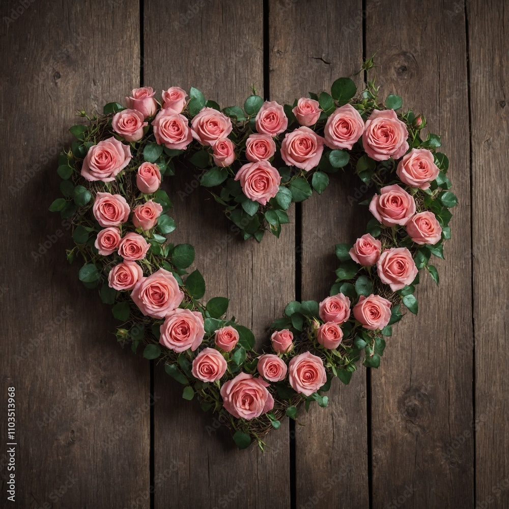 A heart-shaped wreath of pink roses on a rustic wood surface.
A heart-shaped wreath of pink roses on a rustic wood surface.