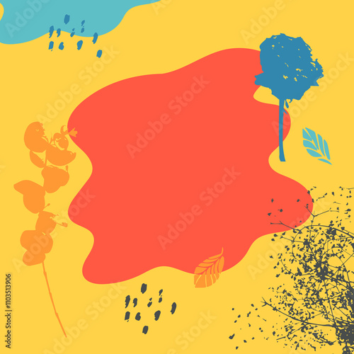 Vibrant autumn hand drawn illustration with empty space for text. leafs and trees with abstract texture, paint splashing droplets. Template for your designs. Vector illustration in flat cartoon style